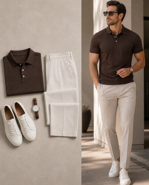 Men's Casual Dark Brown Color Short Sleeves Polo Shirt & Jeans Pants Two Piece Set