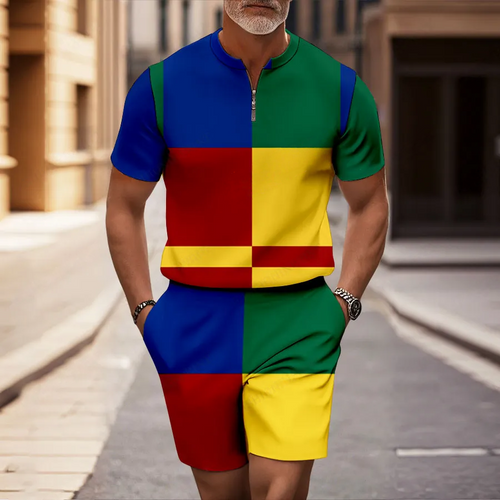 Men's Casual Color-Blocked Geometric Half-Zip Short-Sleeved Shirt And Shorts Two-Piece Set