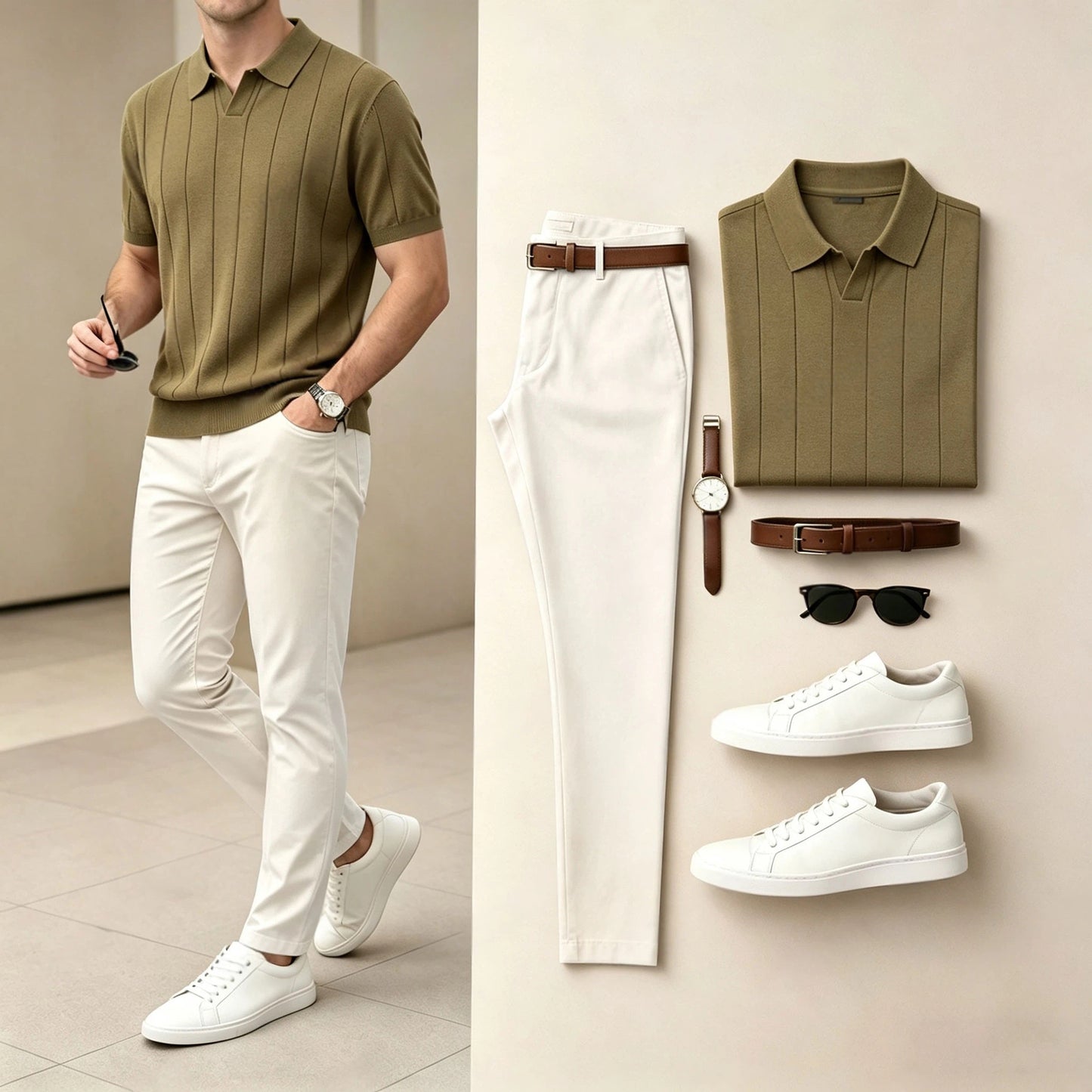 Men's Sophisticated Knit Ice Silk V-Neck Short-Sleeve Polo Shirt and Pants Two-Piece Set (Accessories Not Included)