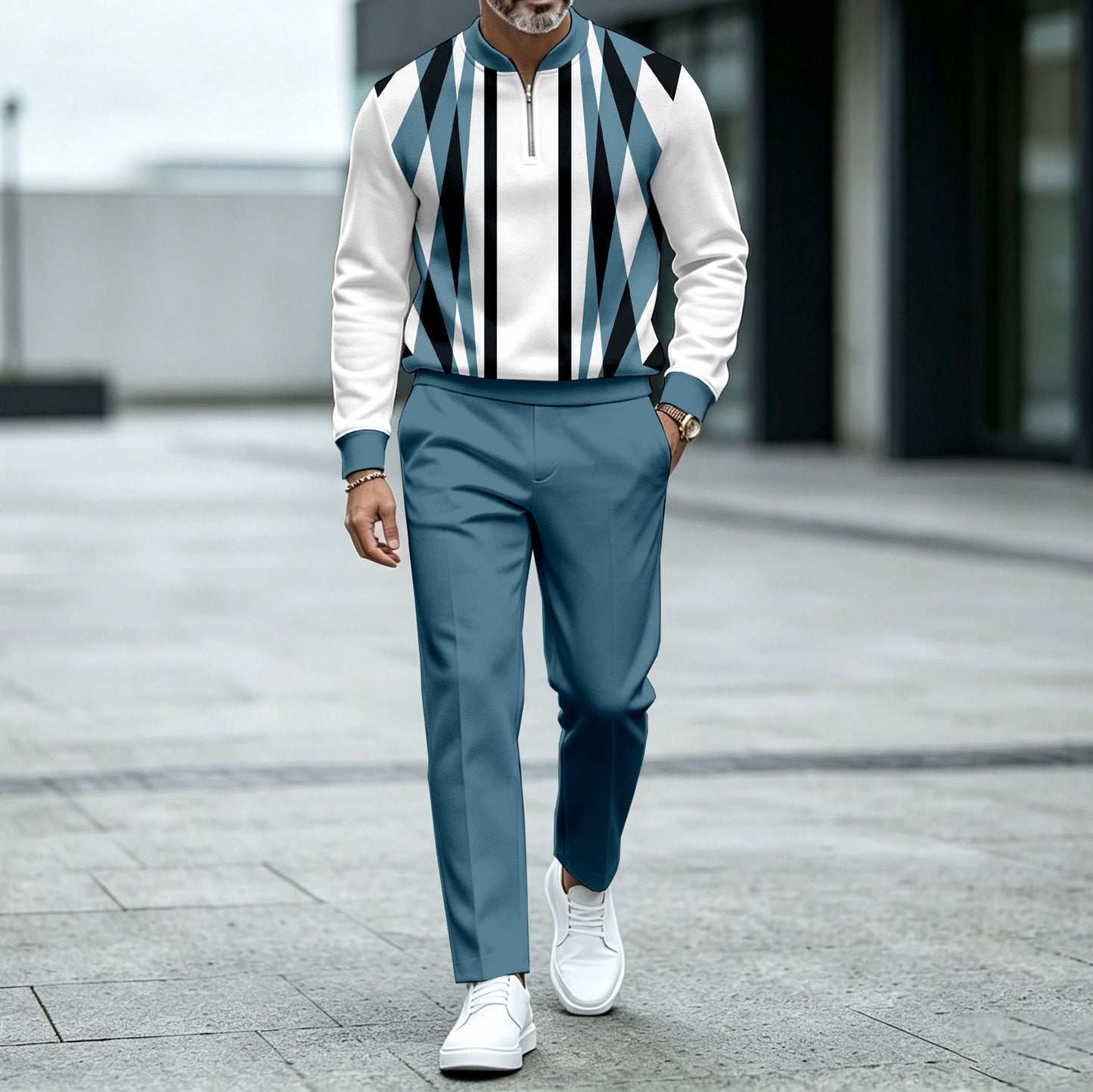 Men's Striped Crew-Neck Zipper Long-Sleeve Top and Pants Set