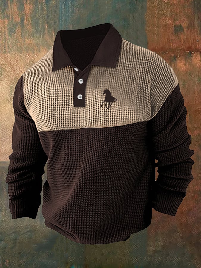Men's Retro Business Casual Waffle Fabric Long Sleeve Polo Shirt