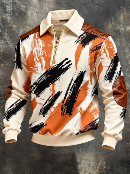 Men's Vintage Color-Block Printed Zip-Up Hoodie