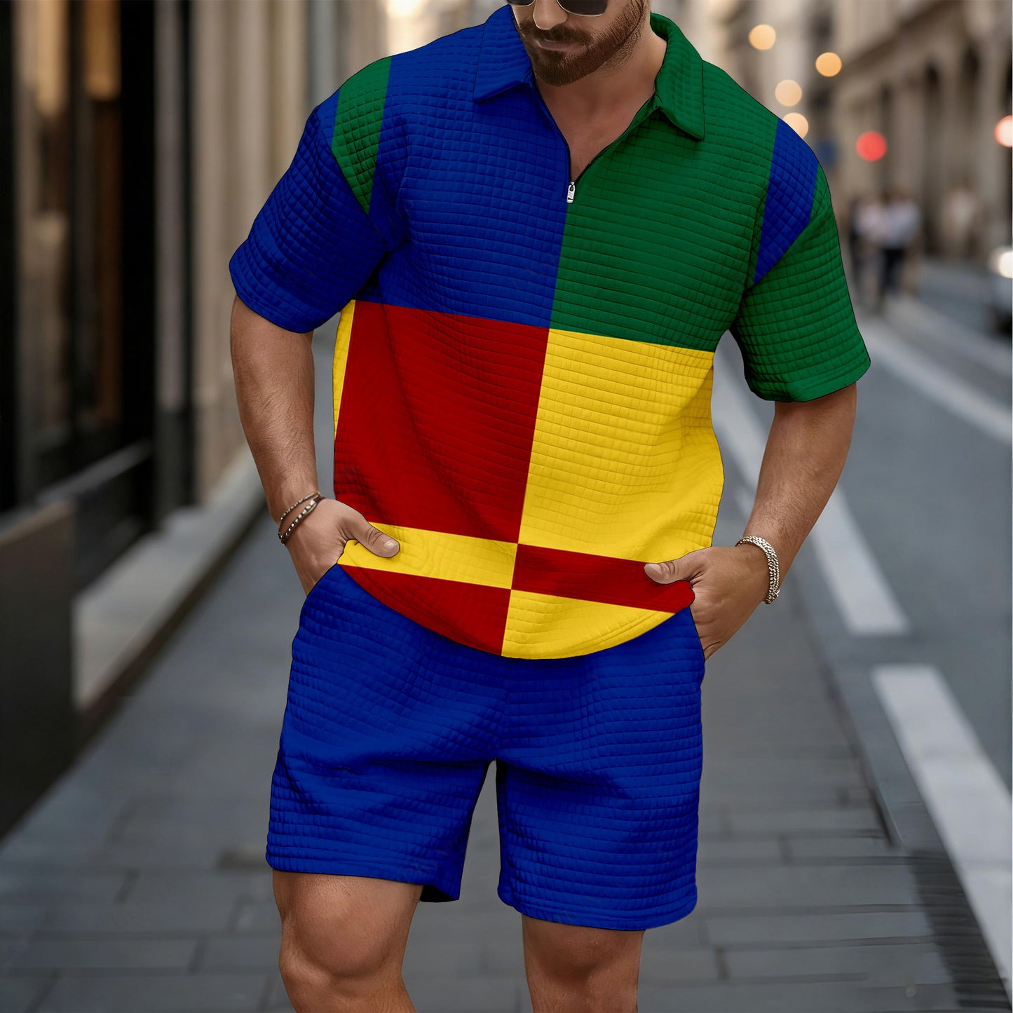 Men's Casual Multicolor Geometric Print Short-Sleeved Shirt And Shorts Two-Piece Set