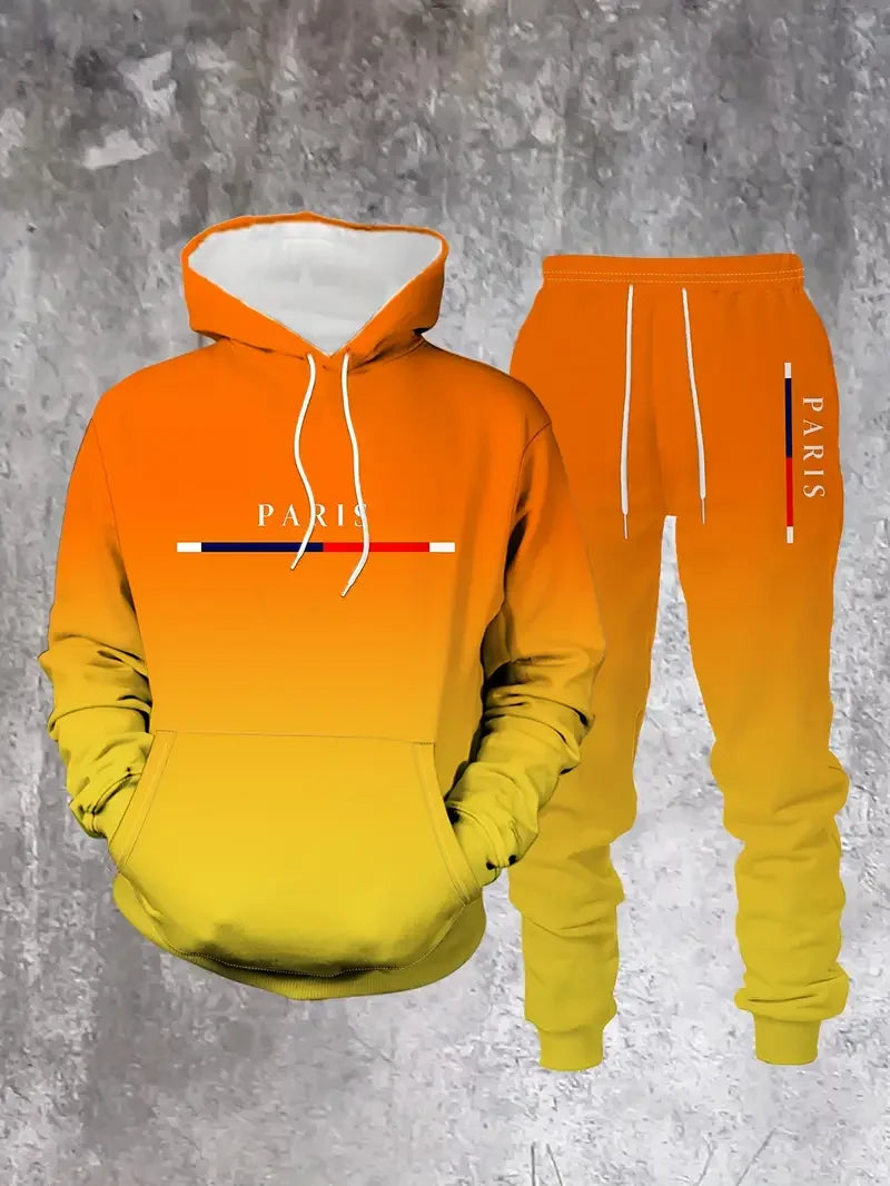 Gradient Color Paris Tracksuit Outfit Men's Street Fashion 3D Print Sport Hoodie 2-Piece Autumn/Winter Sweatshirt Sweatpants Set