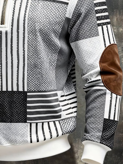 Men's Retro Color Block Print Zipper Sweatshirt
