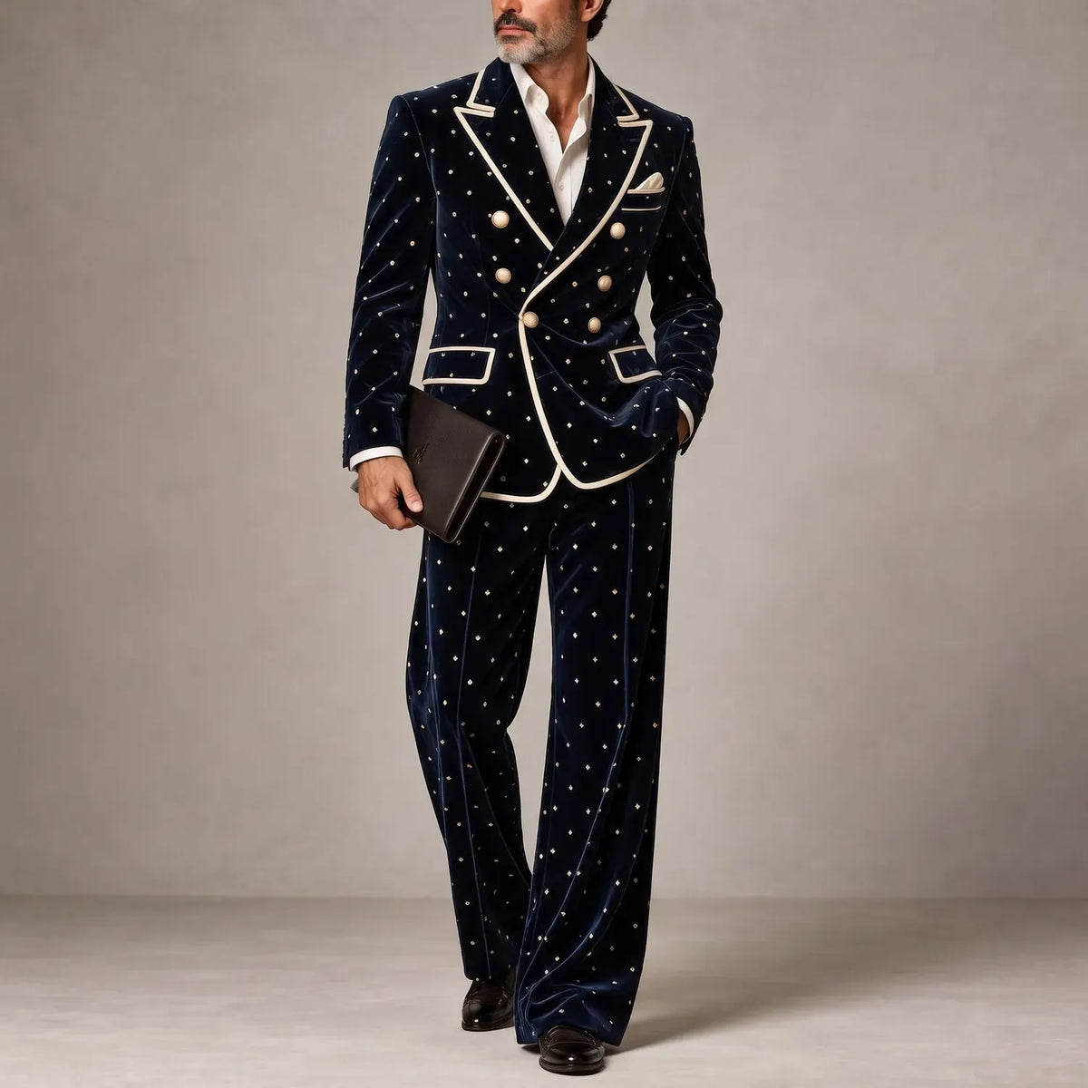 Men's Navy Blue Velvet Polka Dot Print Contrast Piping Double-Breasted Peak Lapel Blazer & Pants 2Pcs Suit