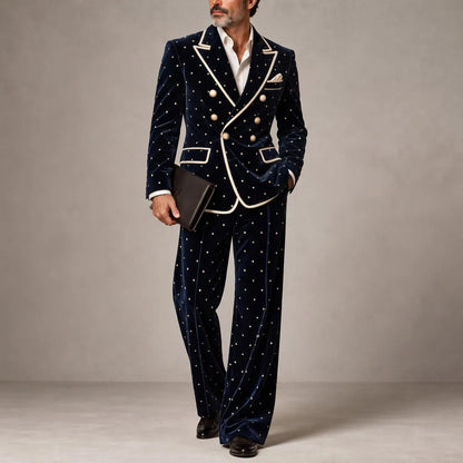 Men's Navy Blue Velvet Polka Dot Print Contrast Piping Double-Breasted Peak Lapel Blazer & Pants 2Pcs Suit