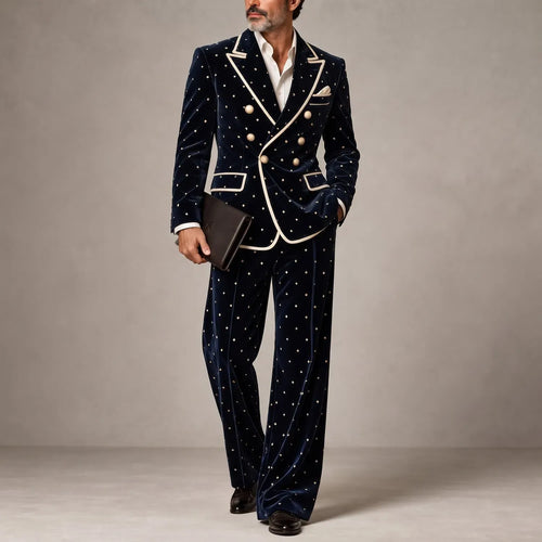 Men's Navy Blue Velvet Polka Dot Print Contrast Piping Double-Breasted Peak Lapel Blazer & Pants 2Pcs Suit