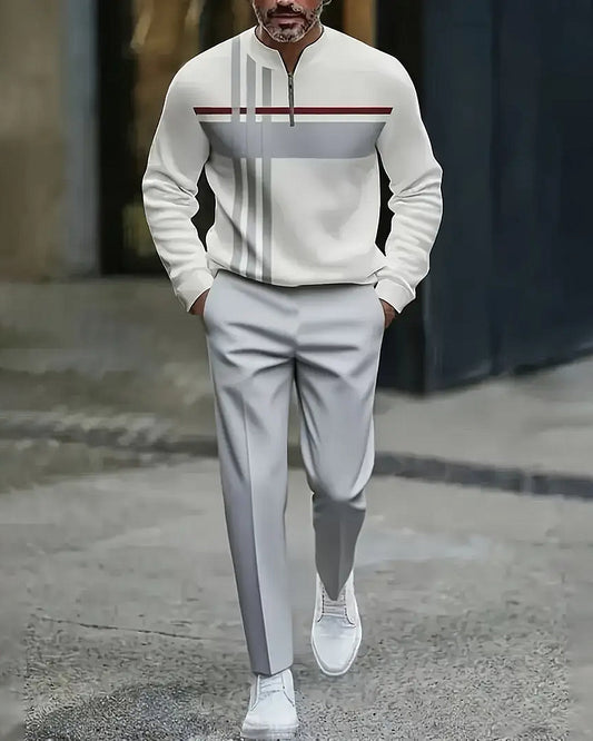 Men's Casual Color Matching Printed Round-Neck Zipper Long Sleeved Trousers Two-Piece Set