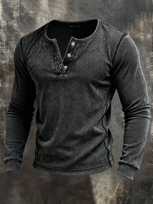 Men'S Vintage Ribbed Pure Cotton Washed And Distressed Long-Sleeved T-Shirt