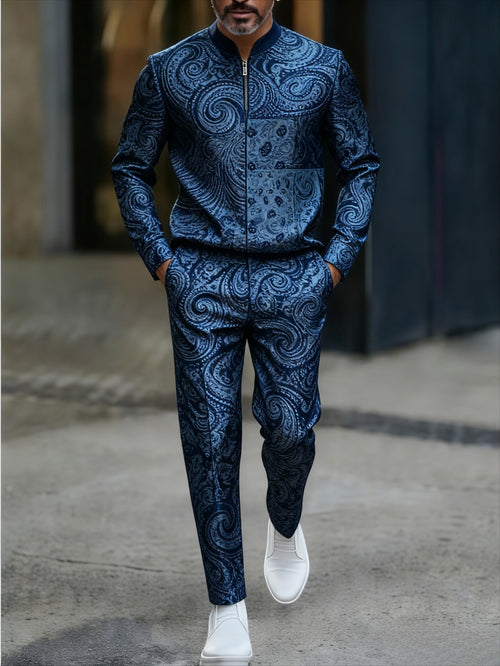 Men's Casual Navy Blue Flower Printed Round-Neck Zipper Long Sleeved Trousers Two-Piece Set