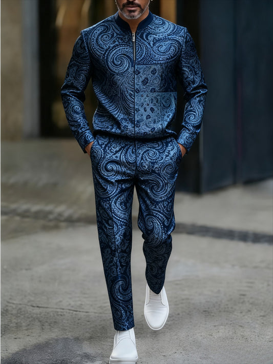 Men's Casual Navy Blue Flower Printed Round-Neck Zipper Long Sleeved Trousers Two-Piece Set