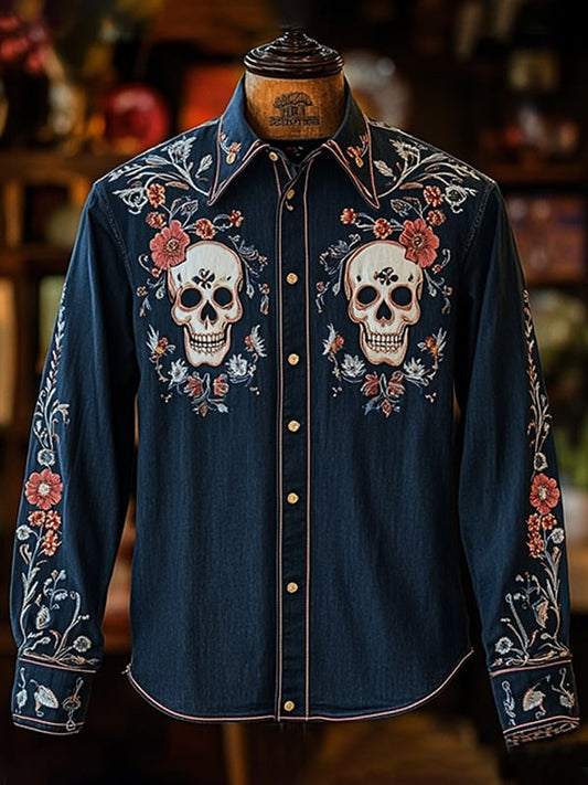 Men's Outdoor Vintage Skull and Floral Print Long Sleeve Shirt