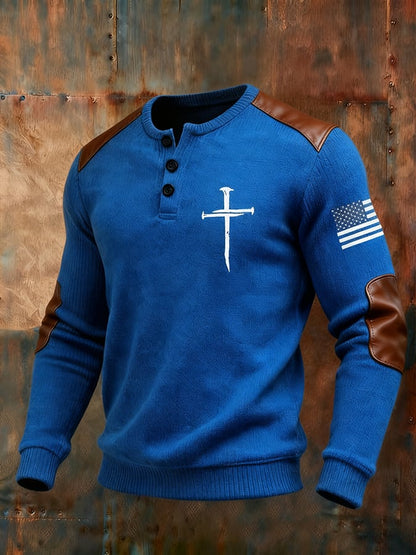 Men's Cross Flag Print Henley Collar Shirt