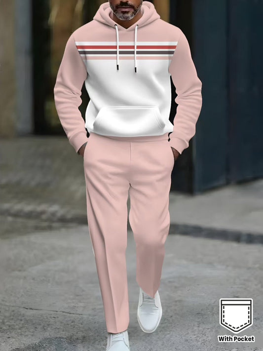 Men's Casual Color Matching Printed Hooded Long Sleeved Trousers Two-Piece Set