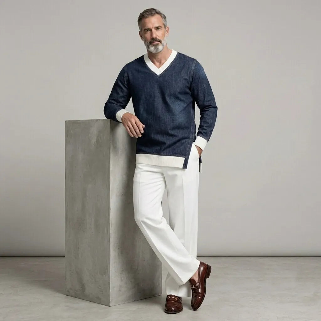Men's Casual V Neck Contrast Rib Knit Trim Side Split Long Sleeve Denim Sweatshirt