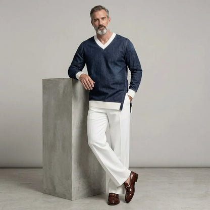 Men's Casual V Neck Contrast Rib Knit Trim Side Split Long Sleeve Denim Sweatshirt