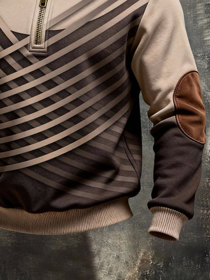Men's Retro Color Block Print Color-Blocked Zip-Up Sweatshirt