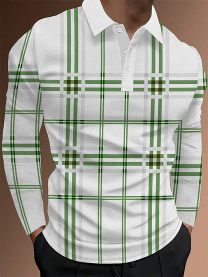 Men's Plaid Business Casual Long Sleeve Polo Shirt