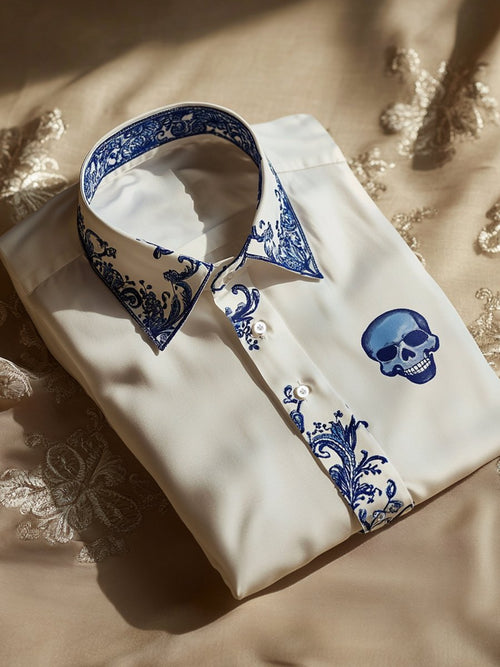 Men's Business Casual Floral Skull Logo Lapel Short Sleeve Shirt