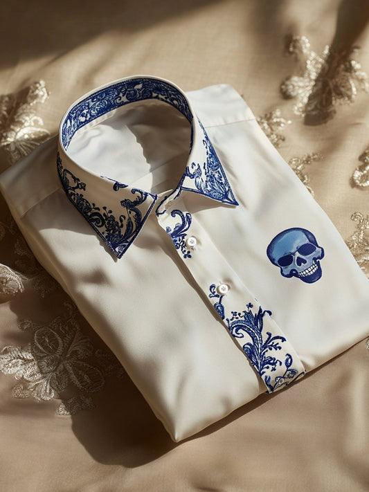 Men's Business Casual Floral Skull Logo Lapel Short Sleeve Shirt