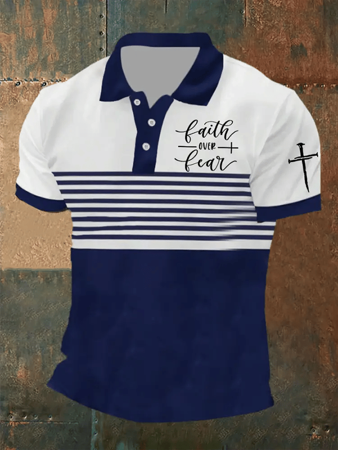 Men's Retro Faith “Faith Over Fear�? Casual Printed Polo Shirt