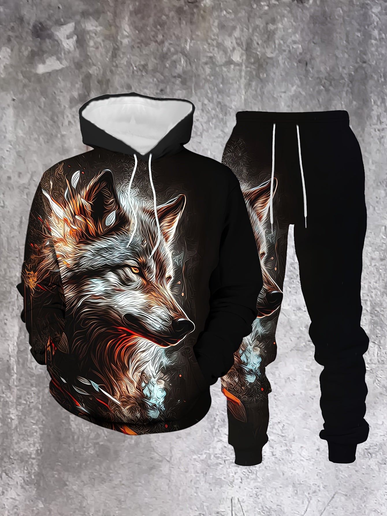 Men's Casual “The Wolf” Printed Hoodies Long Sleeved Sweatshirts & Sweatpants Two-Piece Set
