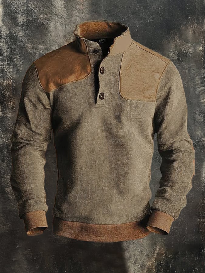 Men'S Casual Retro Contrast Color Stand Collar Long Sleeve Sweatshirt