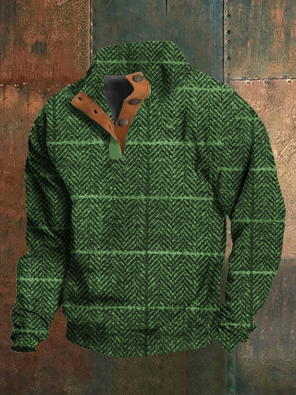 Men's Western Vintage Plaid Print Stand Collar Button-Down Sweatshirt