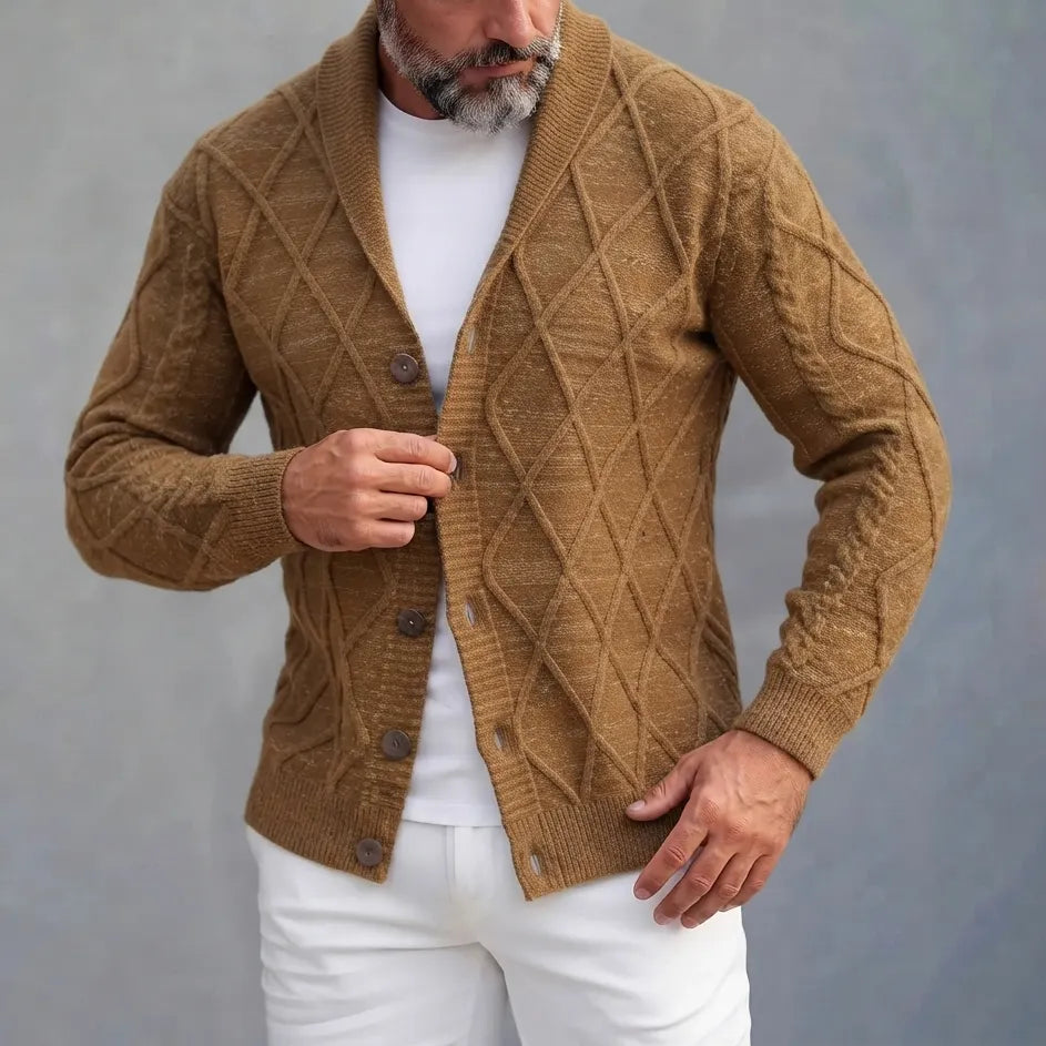 Men's Brown Diamond Pattern Shawl Lapel Single Breasted Cable Knit Sweater Cardigan