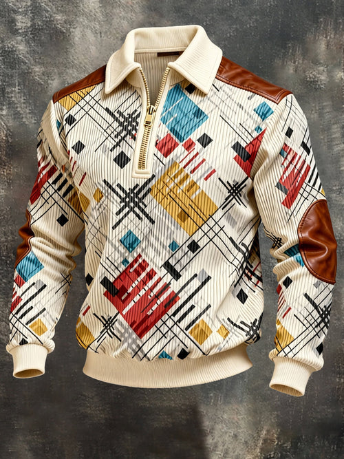 Men's Vintage Color-Block Printed Zip-Up Hoodie