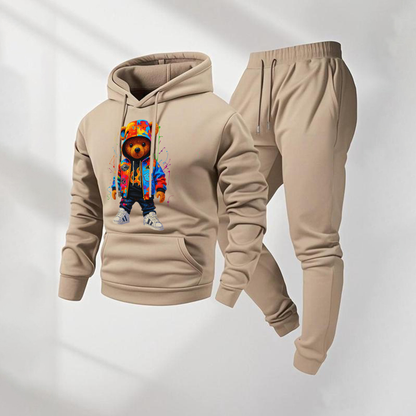 Men's Ink Splatter Cartoon Bear Patterned Hoodie And Drawstring Track Pants Set, Men's Casual Athletic Long-Sleeved Hooded Jacket And Pants, Suitable For Fall And Winter, Street Style Hoodie Set, Indoor And Outdoor Sportswear,