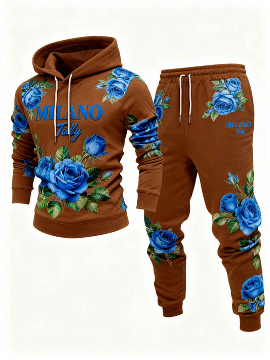 Men's Casual Coffee & Royal Blue Printed Hoodies Long Sleeved Sweatshirts & Sweatpants Two-Piece Set