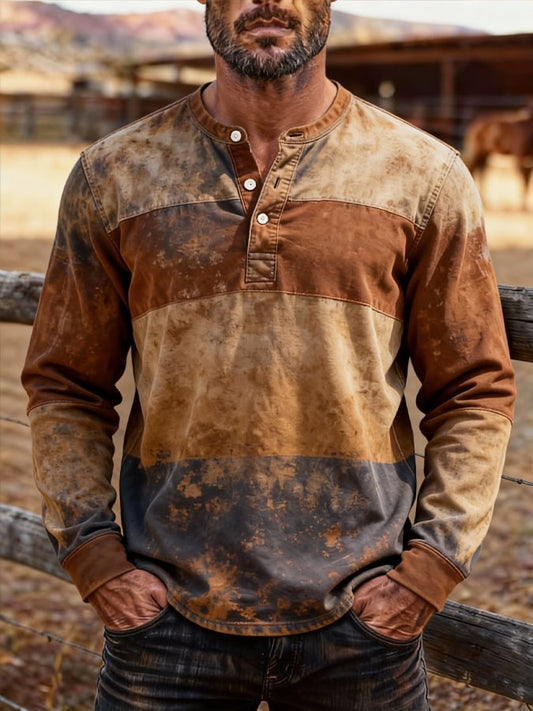 Men's Retro Color Block Long Sleeve Henley