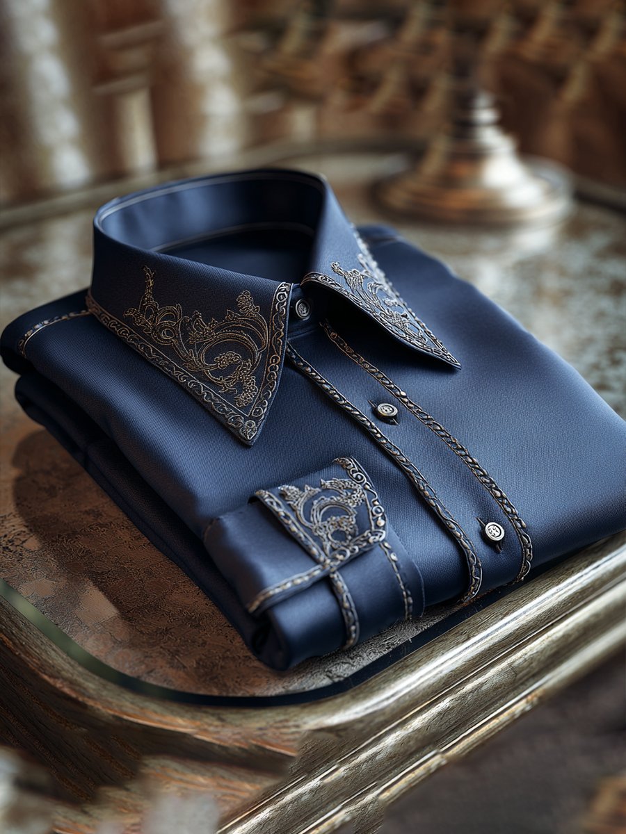 Men's Satin Luxury European Pattern Long Sleeve Button-Down Shirt