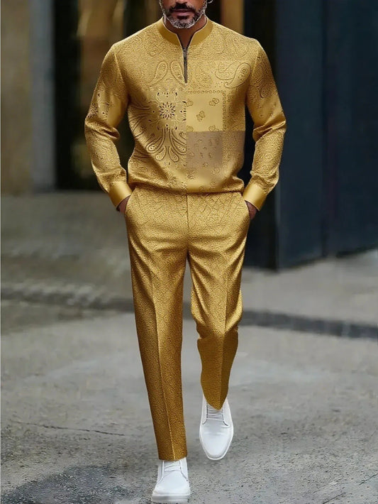 Men's Casual Color Matching Printed Round-Neck Zipper Long Sleeved Trousers Two-Piece Set 1103