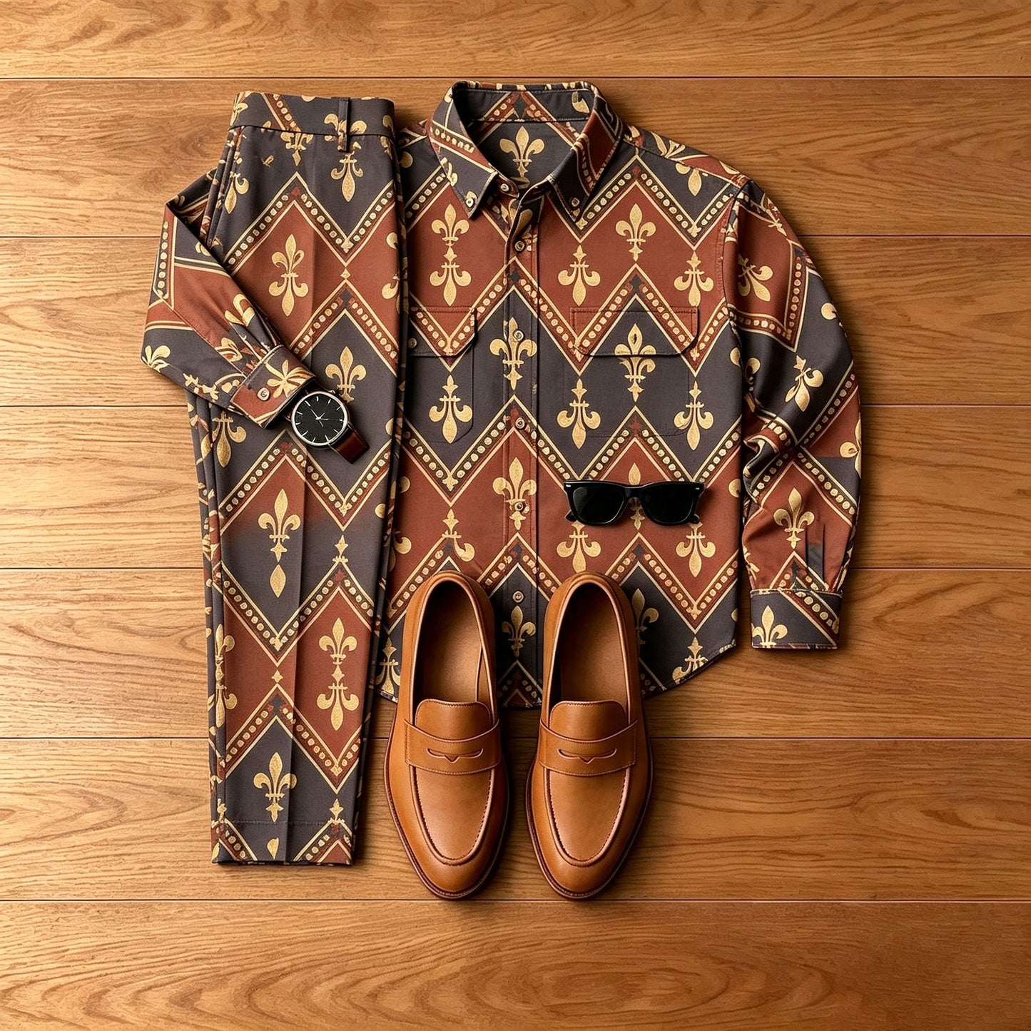 Men's Diamond-Patterned Denim-Style Jacket and Pants Set