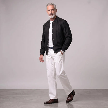 Men's Suede Stand Collar Zipper Pocket Snap Button Casual Bomber Jacket