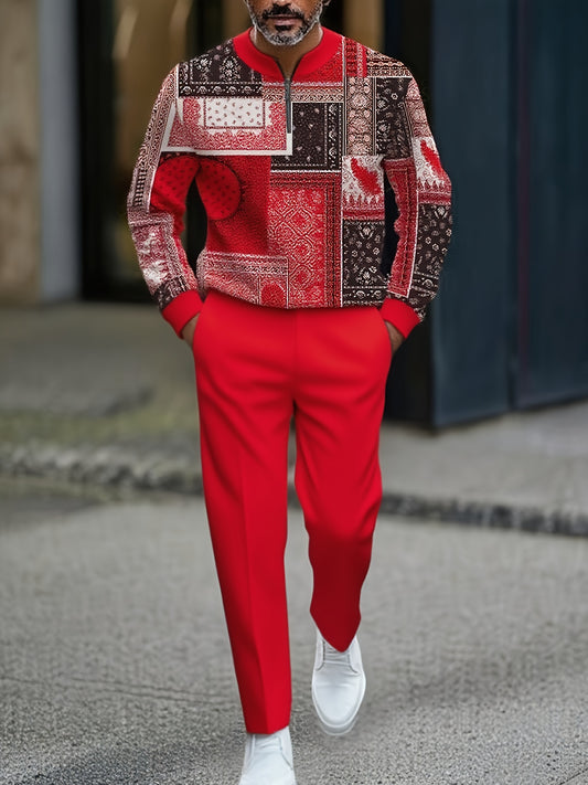 Men's Casual Color Matching Printed Round-Neck Zipper Long Sleeved Trousers Two-Piece Set