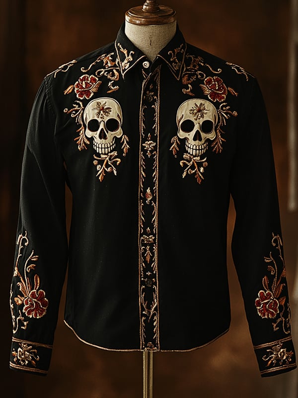 Men's Retro Casual Skull Print Long Sleeve Shirt