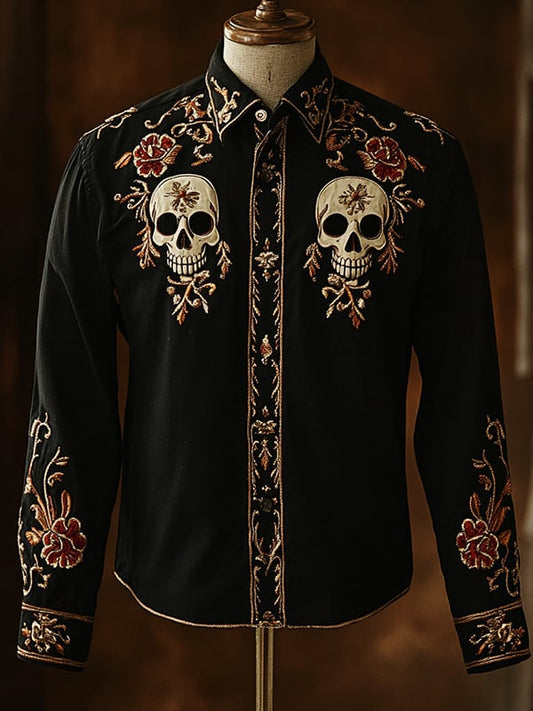 Men's Retro Casual Skull Print Long Sleeve Shirt