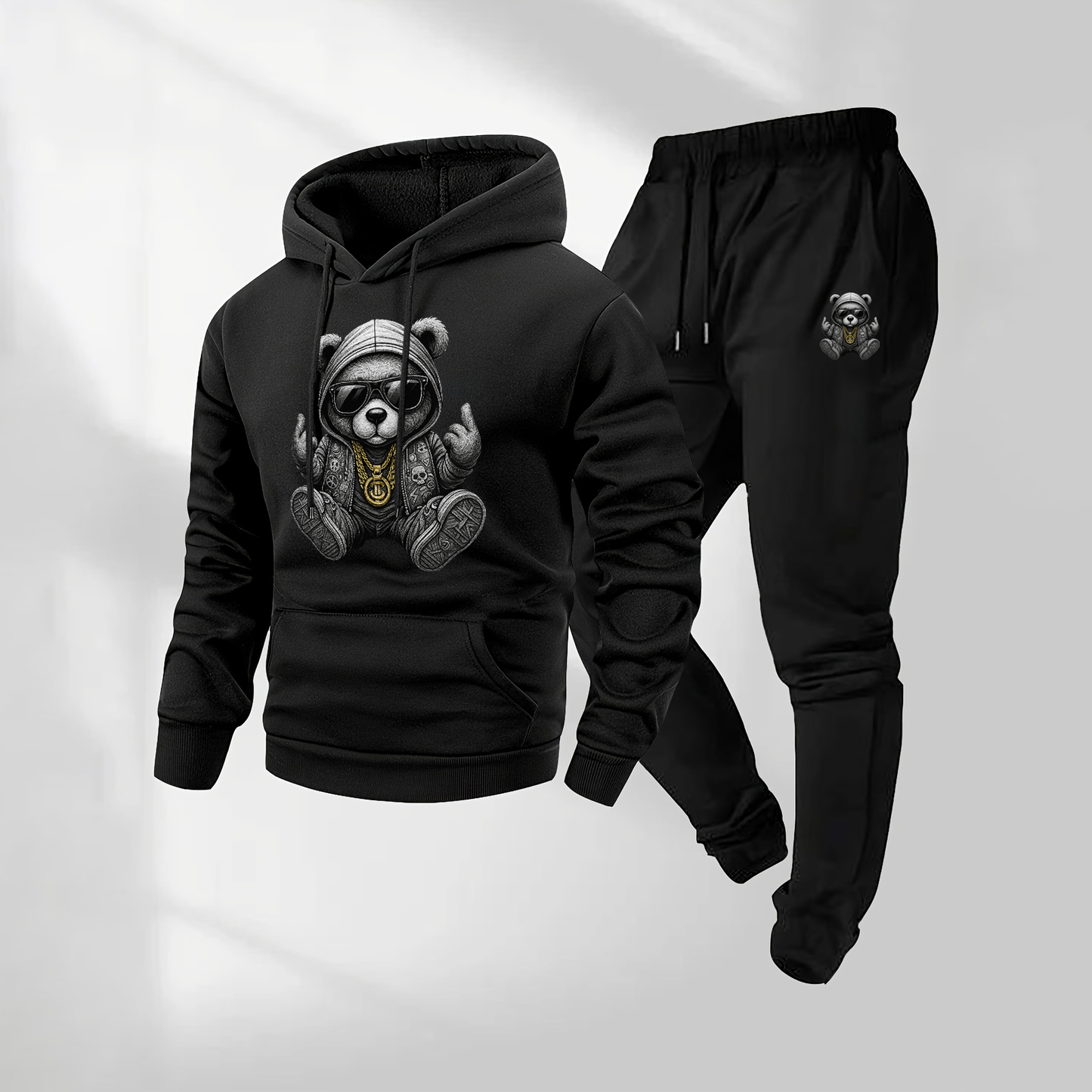 Men's Hip Hop Cartoon Bear Patterned Hoodie And Drawstring Track Pants Set, Men's Casual Athletic Long-Sleeved Hooded Jacket And Pants, Suitable For Fall And Winter, Street Style Hoodie Set, Indoor And Outdoor Sportswear,