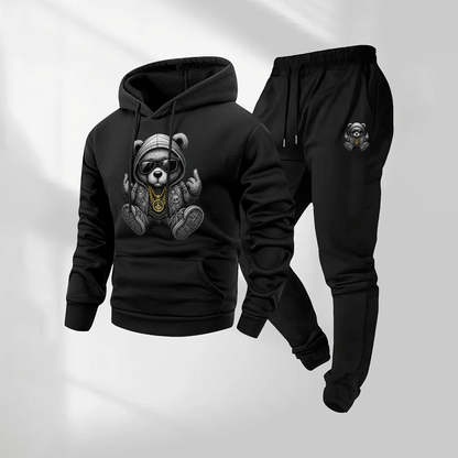Men's Hip Hop Cartoon Bear Patterned Hoodie And Drawstring Track Pants Set, Men's Casual Athletic Long-Sleeved Hooded Jacket And Pants, Suitable For Fall And Winter, Street Style Hoodie Set, Indoor And Outdoor Sportswear,