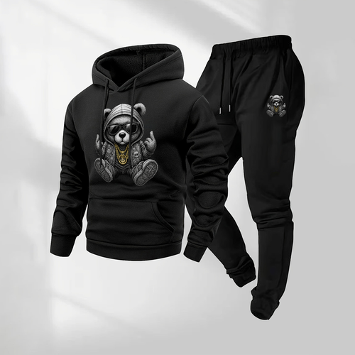 Men's Hip Hop Cartoon Bear Patterned Hoodie And Drawstring Track Pants Set, Men's Casual Athletic Long-Sleeved Hooded Jacket And Pants, Suitable For Fall And Winter, Street Style Hoodie Set, Indoor And Outdoor Sportswear,