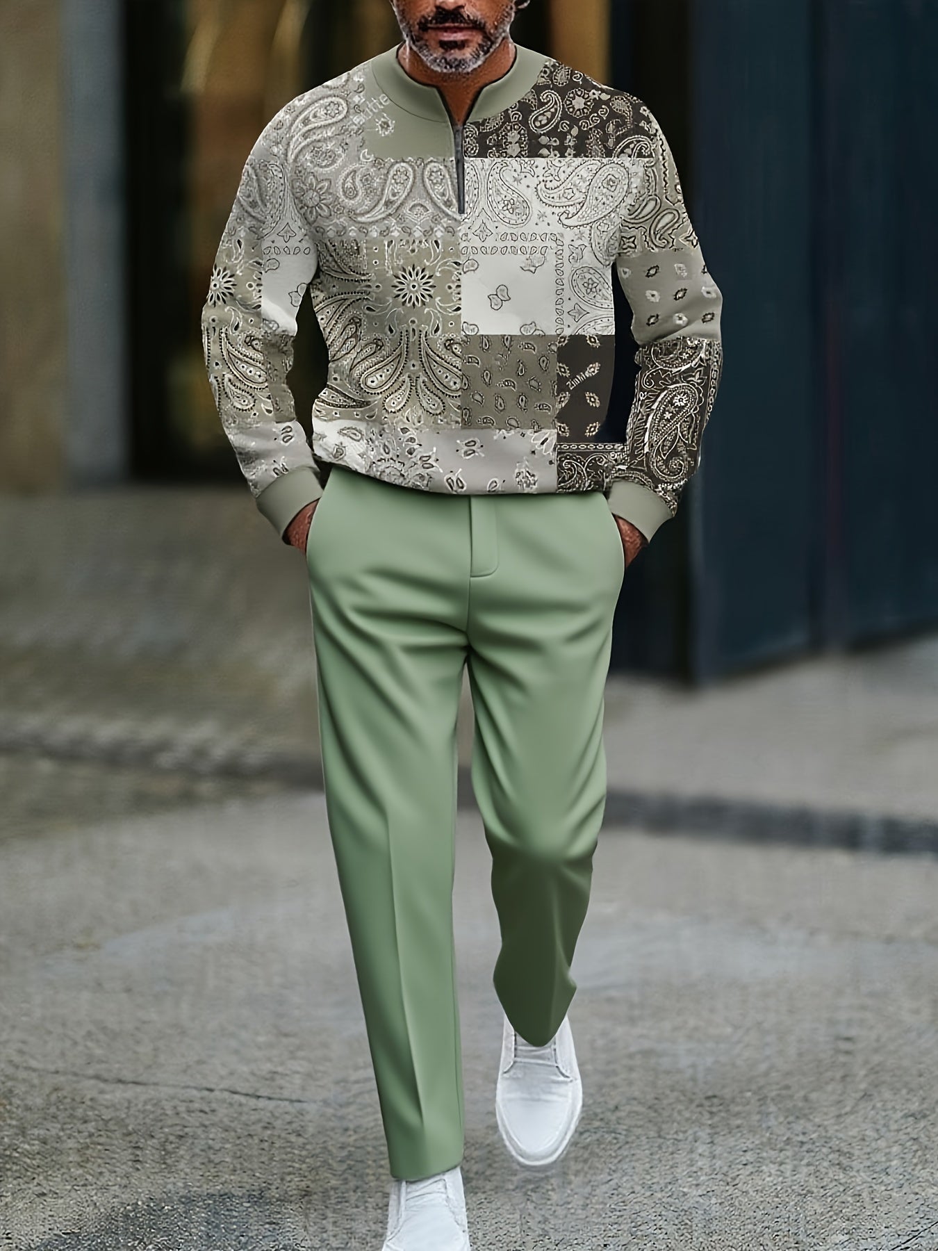 Men's Casual Color Matching Printed Round-Neck Zipper Long Sleeved Trousers Two-Piece Set