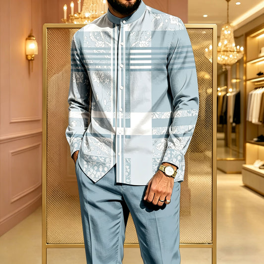 Men's Casual Color-Blocked Printed Stand-Collar Long-Sleeve Shirt and Pants Two-Piece Set