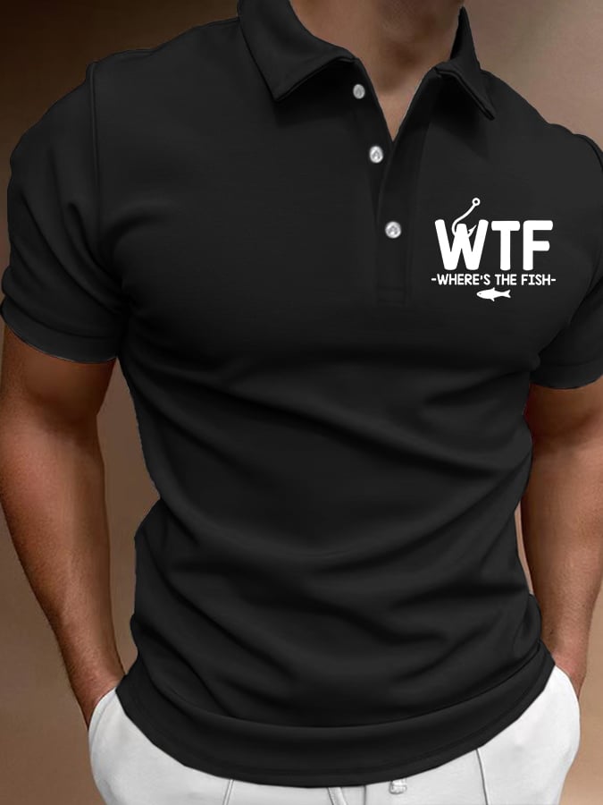 Men's WTF - Where's The Fish Print Contrast Casual Polo Shirt