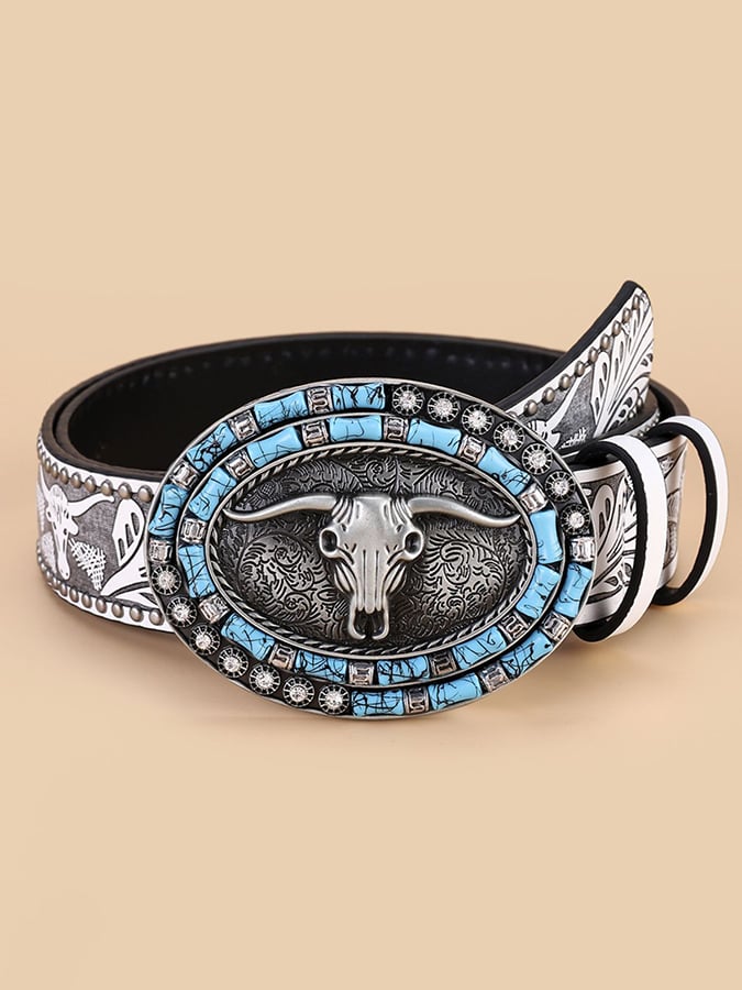 Retro Western Style Cow Head Beaded Embossed Decorative Belt