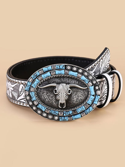 Retro Western Style Cow Head Beaded Embossed Decorative Belt