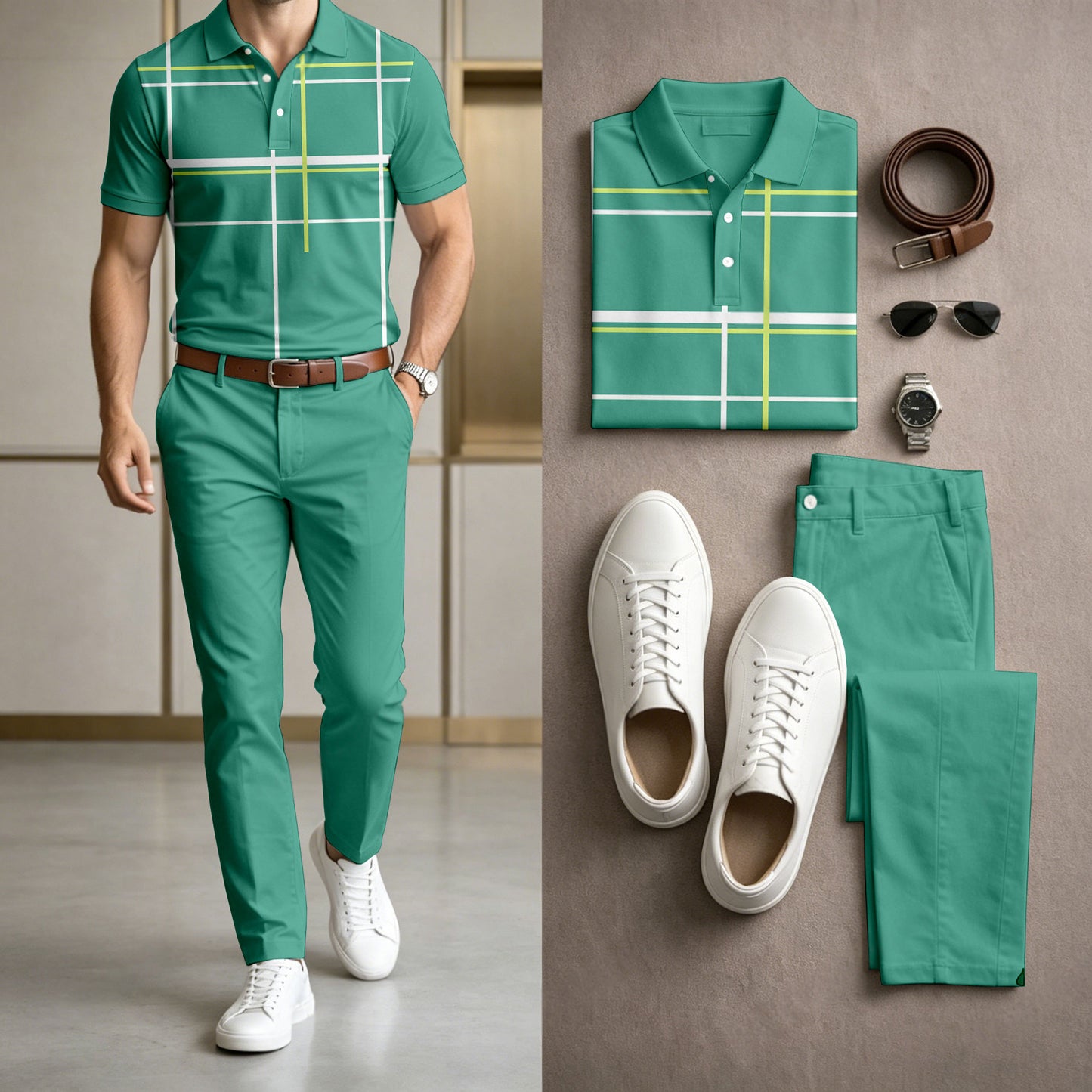Men's Casual Green Plaid Printed Polo Shirt And Pants Two-Piece Set